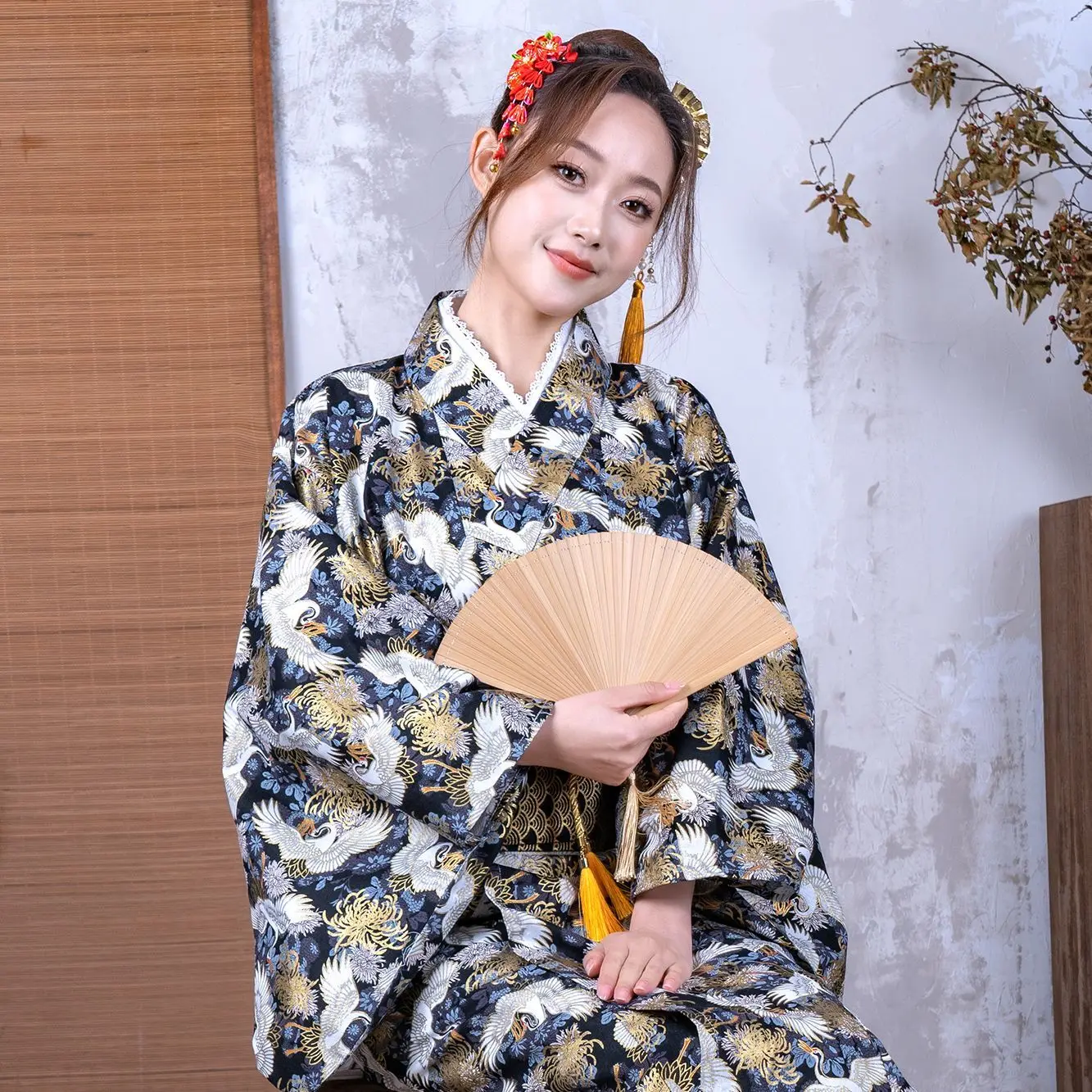 

Dajuhe Black Kimono Japanese Script Store Women's Season Photography Improved Bathrobe