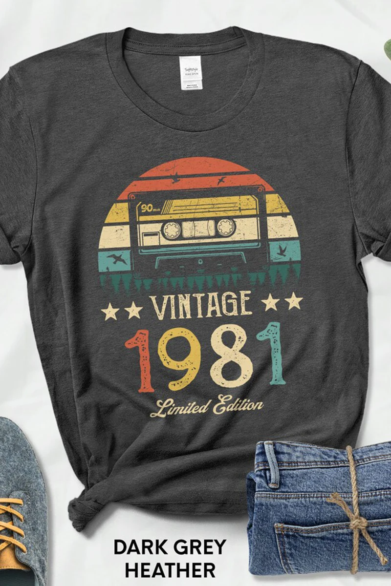 Camiseta de Cassette Retro de edición limitada para mujer, camiseta negra para fiesta de cumpleaños de 43 años, regalo para novia, 1981