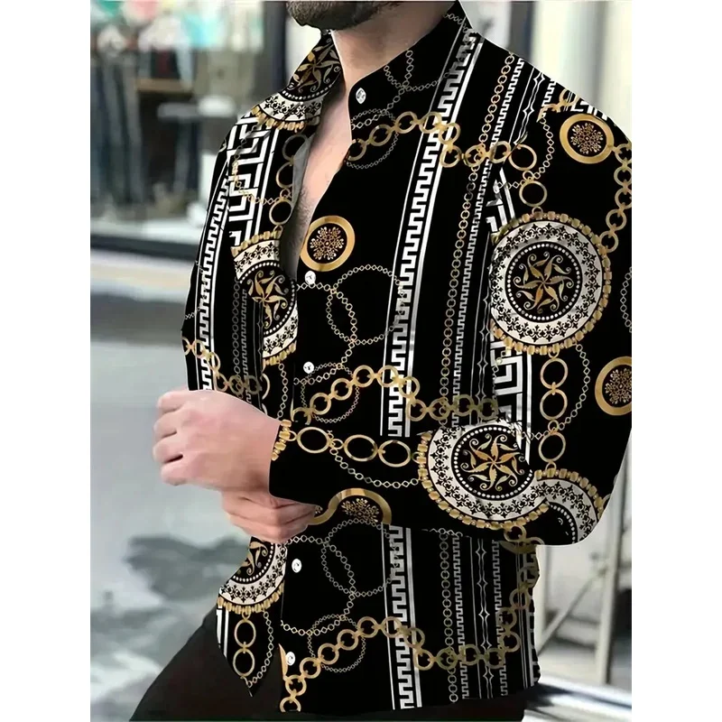 Men's retro printed long-sleeved 3D shirt casual commuter lapel clothing handsome popular and comfortable men's full size tops