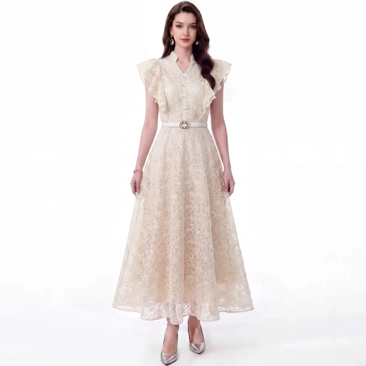 

Elegant Women's Lace Midi Dress V-Neck Ruffle Sleeve Floral Embroidery Belted A-Line Party Wedding Guest Vintage Style Summer