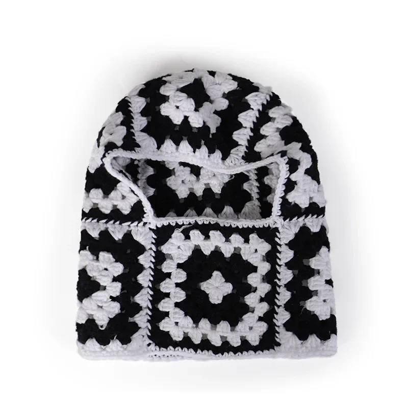 Pasamontañas de ganchillo de madera Ins para mujer, gorros de punto cálidos para invierno, gorro con capucha de bloque de color, protección para el