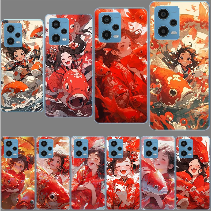 Red Lucky Koi Fish Girl Case for Redmi Note 12 Pro 11 Pro Plus 12S 11S 11T 11E 10 5G 10S 9S 9T 9 8T 8 7 Phone TPU Clear Cover