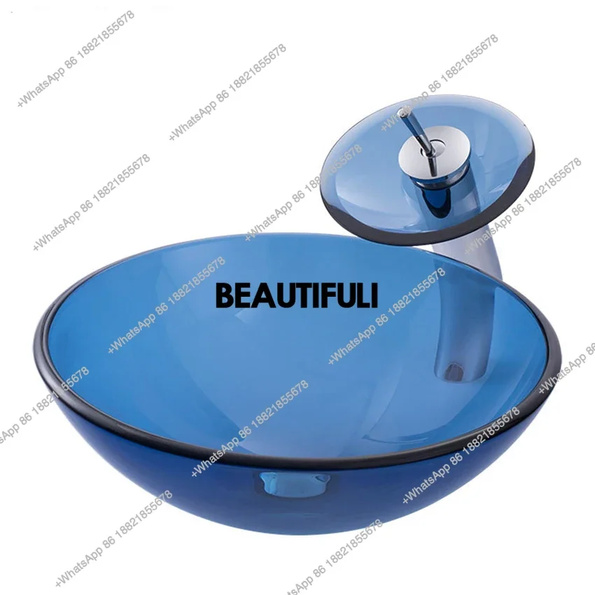 RR Blue Bathroom Washbasin Countertop Tempered Glass Basin art basin blue glass wash basin  Sink Washroom Vessel Vanity Bar