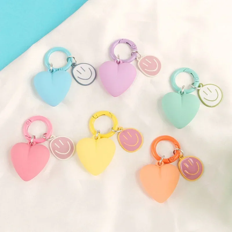 New Cartoon Smile Face Keychain Yellow Pink Blue Big Heart Pendant Key Ring Bag Accessories Decoration For Women Girls