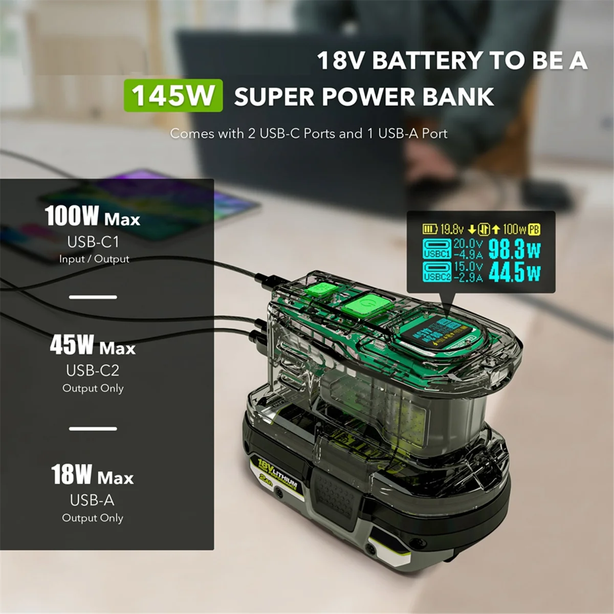 Ryobi one plus用の急速充電器,リチウム電池充電器,100W,急速充電,USBポート,双方向充電器,psc b,18v用