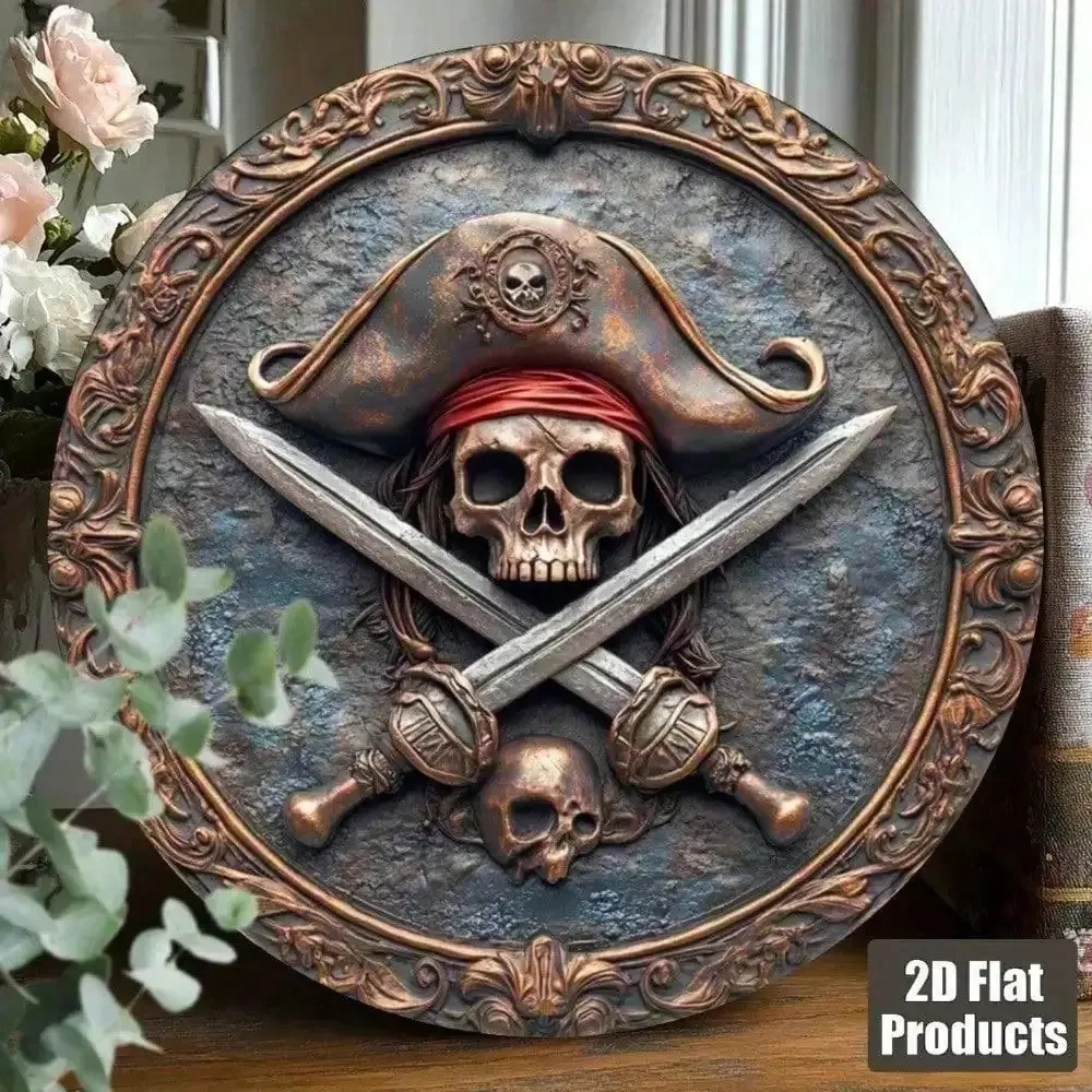 Pirate Skull & Crossed Swords Round Metal Sign, 2D Flat Print Ornate Vintage Nautical Wall Art, Gothic Jolly Roger Decor Tin Pla