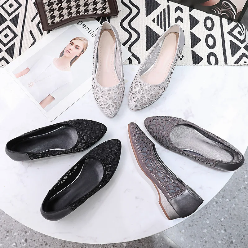 GKTINOO Frühling Sommer Mode Hohl Echtes Leder Pumpen Frauen Schuhe Med Heels Platz Ferse Mesh Damen Büro Schuhe Kristall