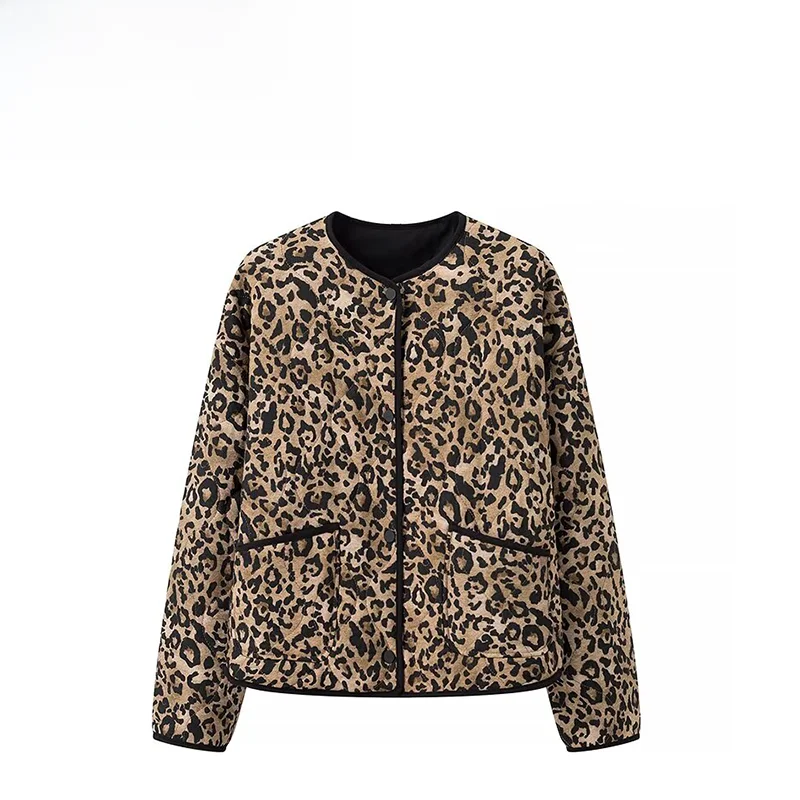 

ZAB Autumn New Women's Faionable Leopard Print Jaet Outerwear Versatile Design round Ne Polyester Fiber ort Coat