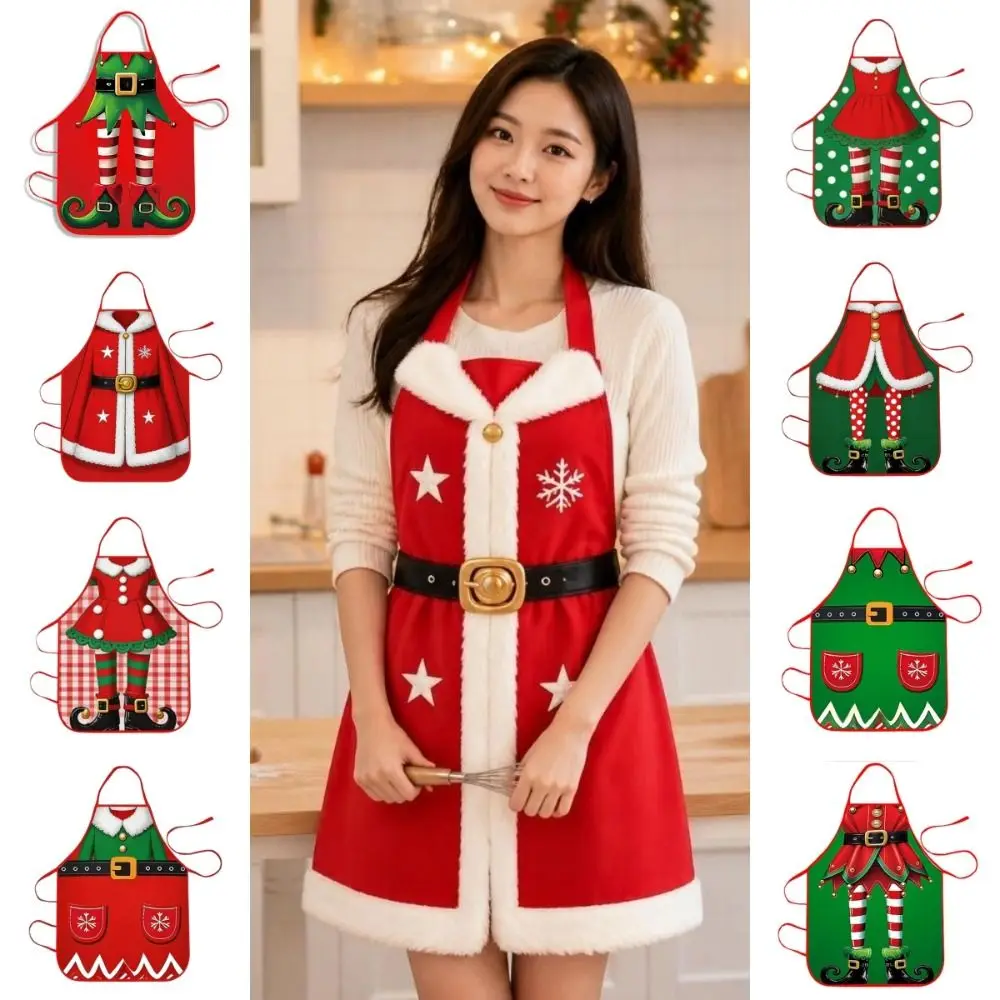 New Polyester Christmas Apron Reusable Oil-Resistant Santa Claus Apron Green & Red Washable Household Clothes Holiday Decor