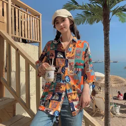 Women's Fashion Casual Loose Short Sleeve Shirt New Summer Retro Hong Kong Style T-shirt Hip Hop Alphabet Print Shirt Half Sleev