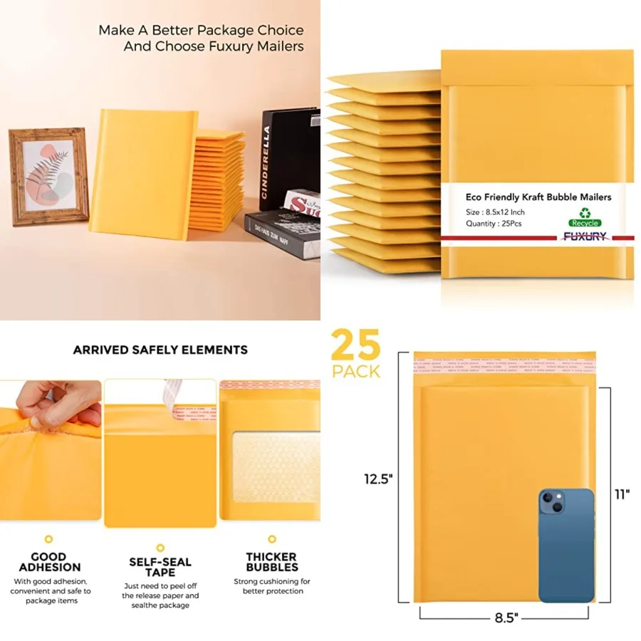 Kraft Bubble Mailers 8.5x12 Inch 25 Pack, Strong Adhesion Padded Envelopes #2, Self Seal Bubble Envelopes, Padded Mailers, Book