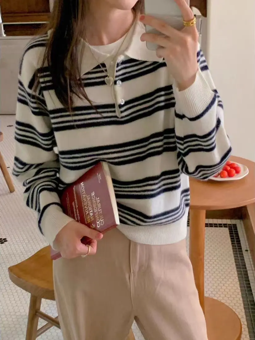 

Dongda Gate 232, осенний новый повседневный простой вязаный свитер в полоску в стиле ретро, женский модный свитер для поездок на работу, прямой...