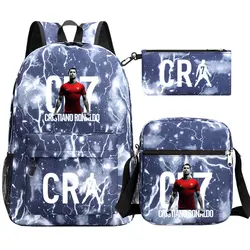 Mochila impermeável dos desenhos animados para adolescentes, Sacos escolares de futebol para crianças, Mochila escolar de viagem ao ar livre para meninos e meninas, CR7, 3pcs por conjunto