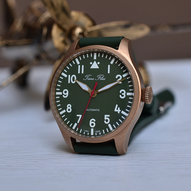 Pouying Cusn8 Bronze Pilot Watch Automatic Rubber Watch Strap St2130 Movement Wrist Watch Super Luminous 42mm Vintage Men Watch