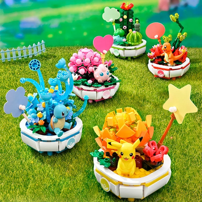 Keeppley bonsai geassembleerde speelgoedbeeldjes, Pikachu, Little Fire Dragon en Squirtle-modelornamenten, speelgoedcadeaus voor kinderen