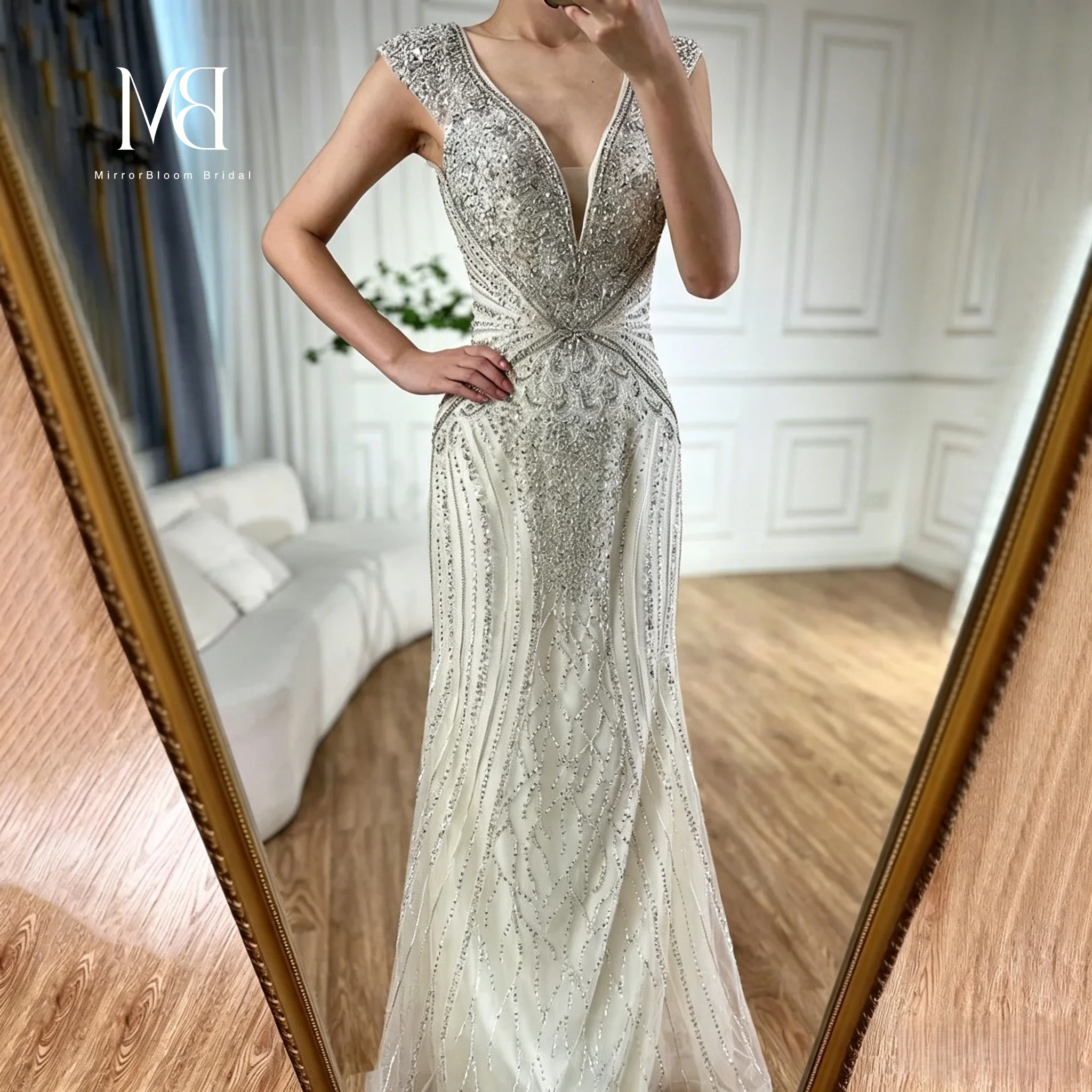 

Luxury Deep V-Neck Cap Sleeve Mermaid Evening Dress Women Beaded Rhinestone Floor-Length Formal Wedding Guest Prom Gown Custom