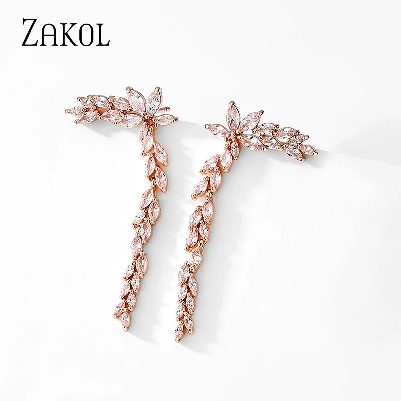 ZAKOL High Quality Luxury Bling Cubic Zirconia Leaf Long Dangle Earrings for Women Fashion Wedding Party Jewelry EP2943