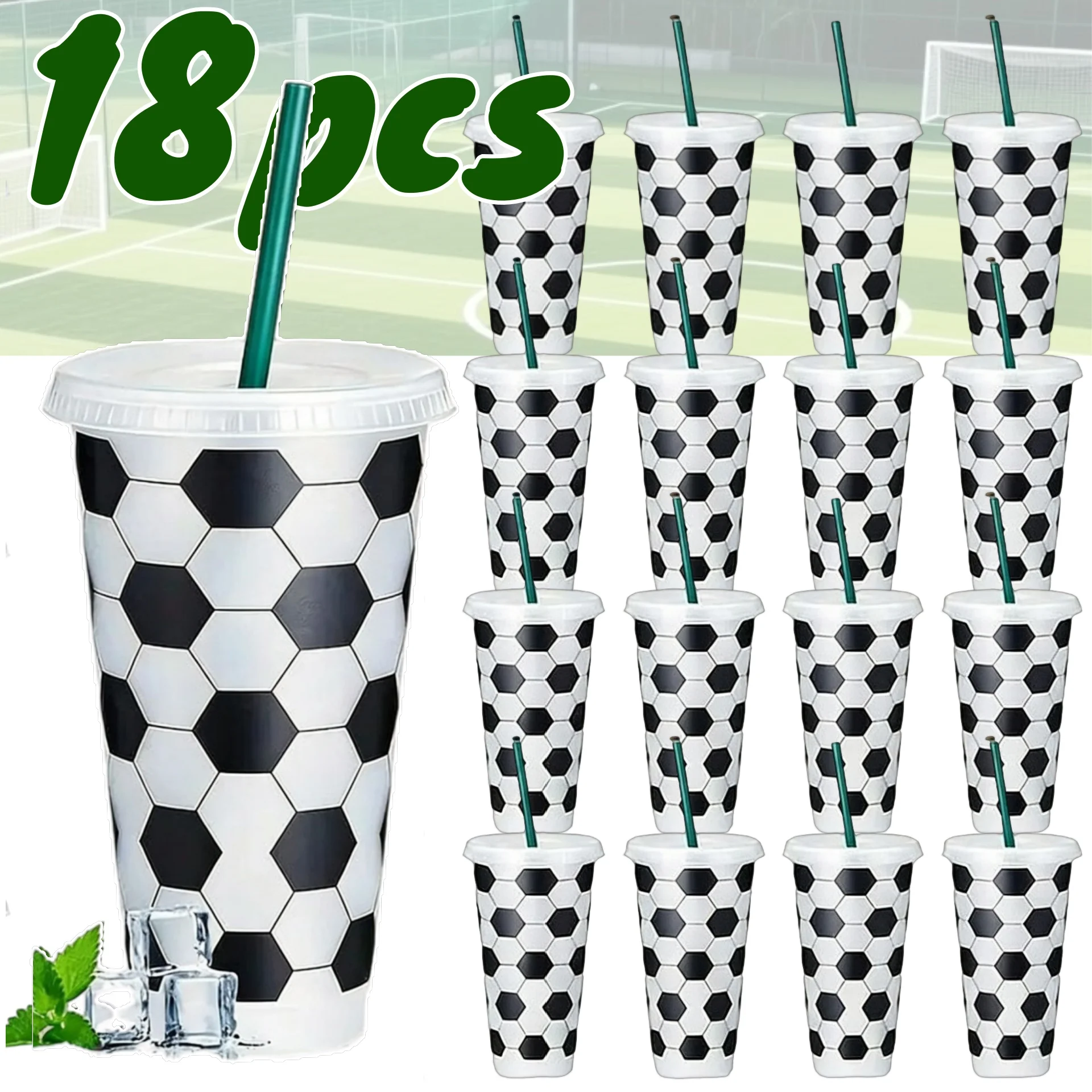 6/18pcs Plastic Cups with Lids ＆ Straws 24OZ Reusable Soccer Pattern Tumblers for Football Party Decor Sports Themed Gifts Favor