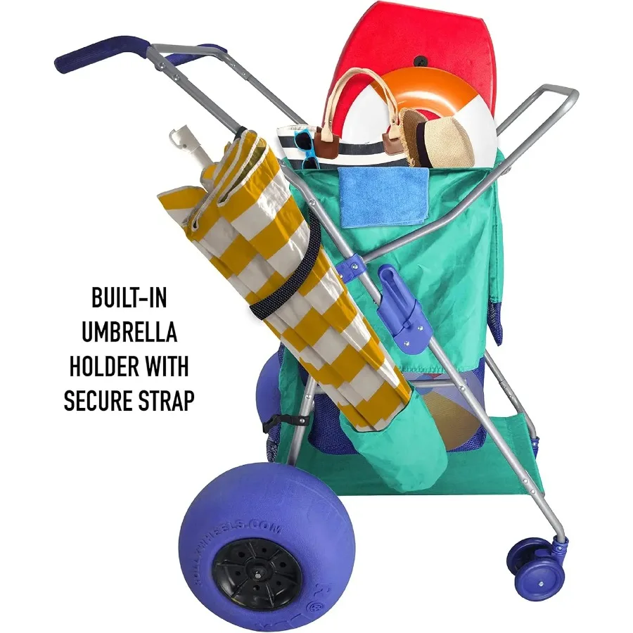 عربة شاطئ كبيرة بعجلة بالون، عربة تخزين قابلة للطي بإطارات الشاطئ مقاس 13 بوصة لسهولة نقل العتاد، تتضمن مضخة، إسفنج البحر الأخضر