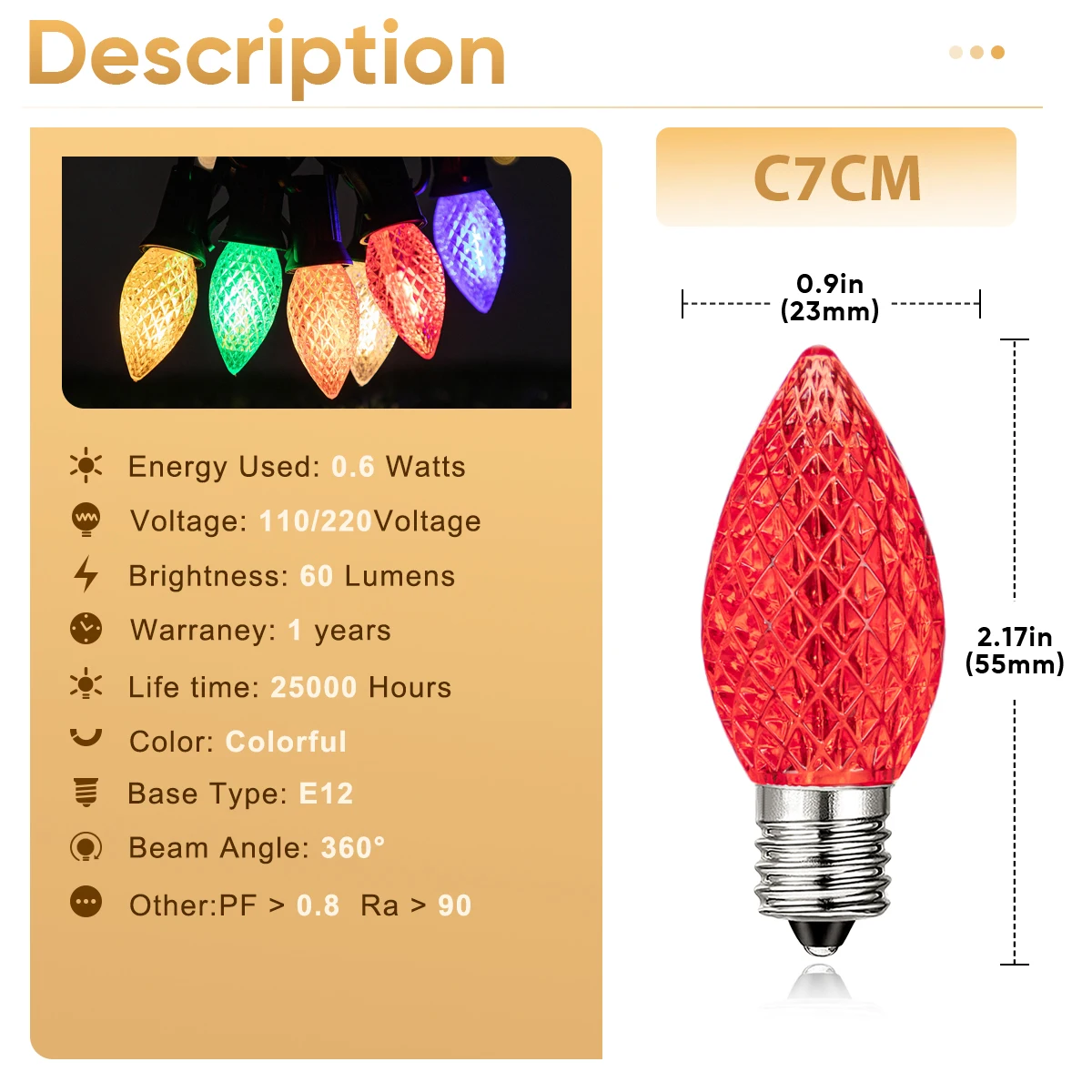 หลอดแอลอีดีสตรอเบอร์รี่ C7แบบ E12 110V 220V 0.6W พวงมาลัยถนนสายพลาสติกสีสันสดใสตกแต่งคริสต์มาสปีใหม่