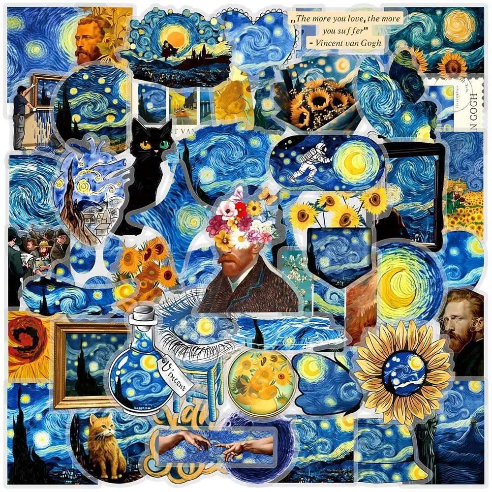 50pcs Aesthetic Van Gogh Artistic Stickers Sunflowers Starry Night Oil Painting Graffiti Vinyl Decoration Waterproof Gift Toy
