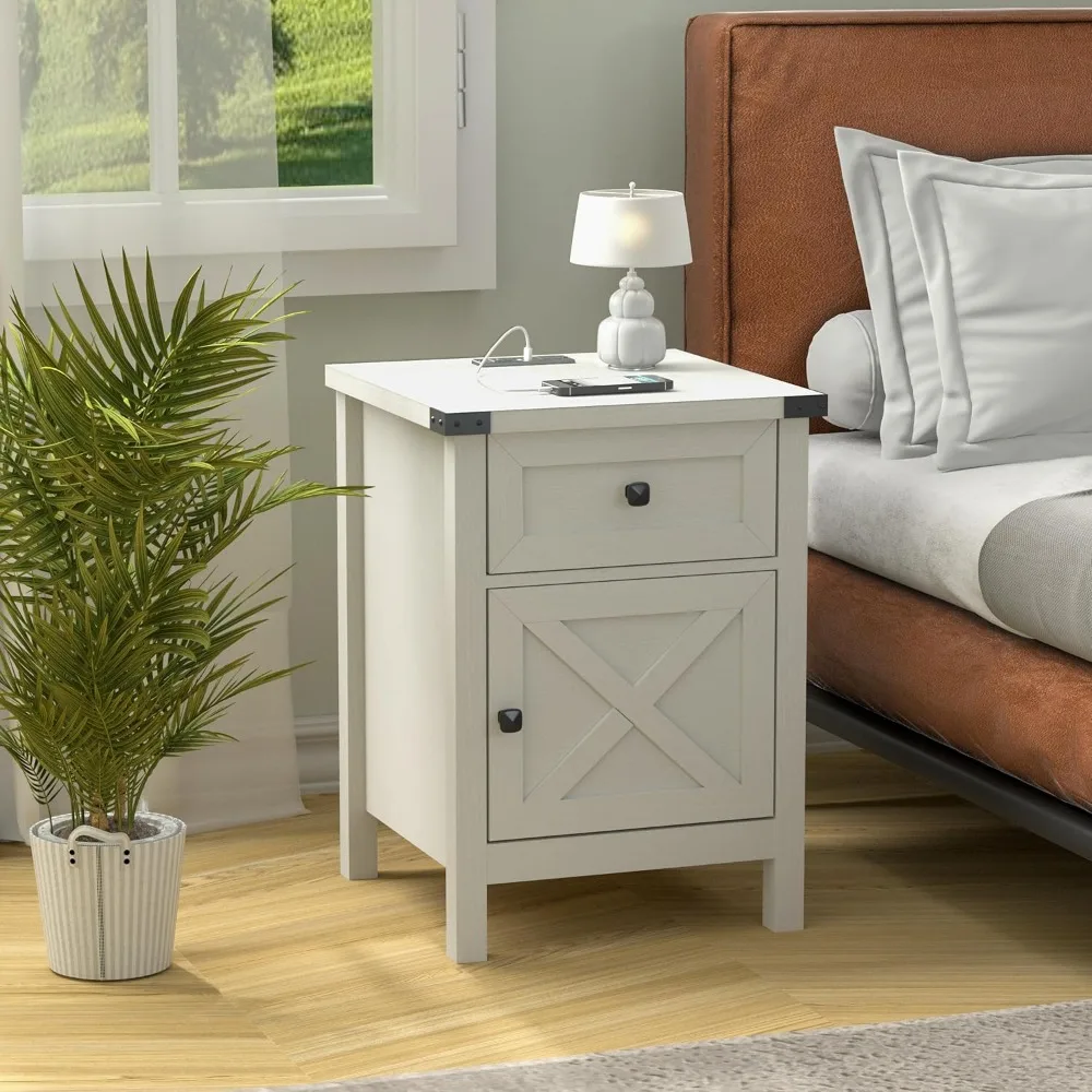 

Nightstand with Charging Station, White Side Table, Rustic End Table with Barn Door and Drawer, Rustic Floating Nightstands