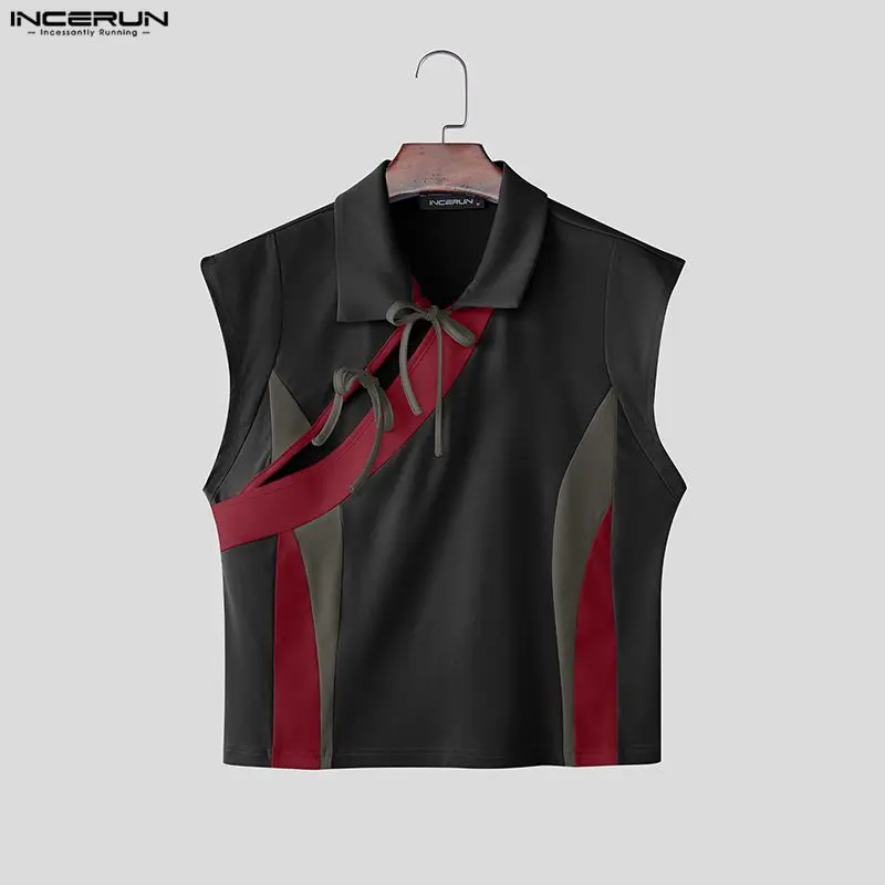 INCERUN Herren-Tanktops, Patchwork, Farbblock, Revers, ärmellos, Herrenkleidung, Sommer, Streetwear, 2026, Schnürung, ausgehöhlte Oberteile für Herren