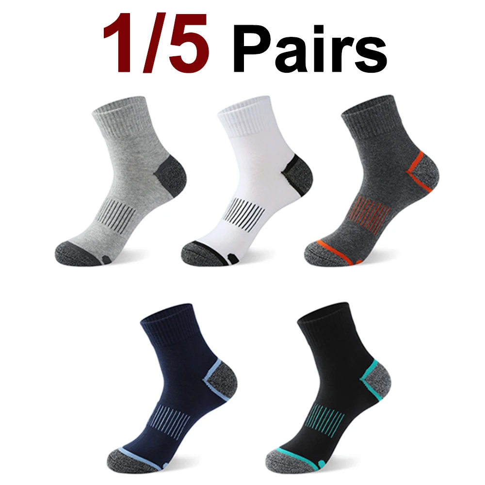 1/5 Pairs Men Anti Odor Sweat Absorbing Crew Sports Socks Comfortable Breathable Suitable Running Cycling Fitness Sports Socks