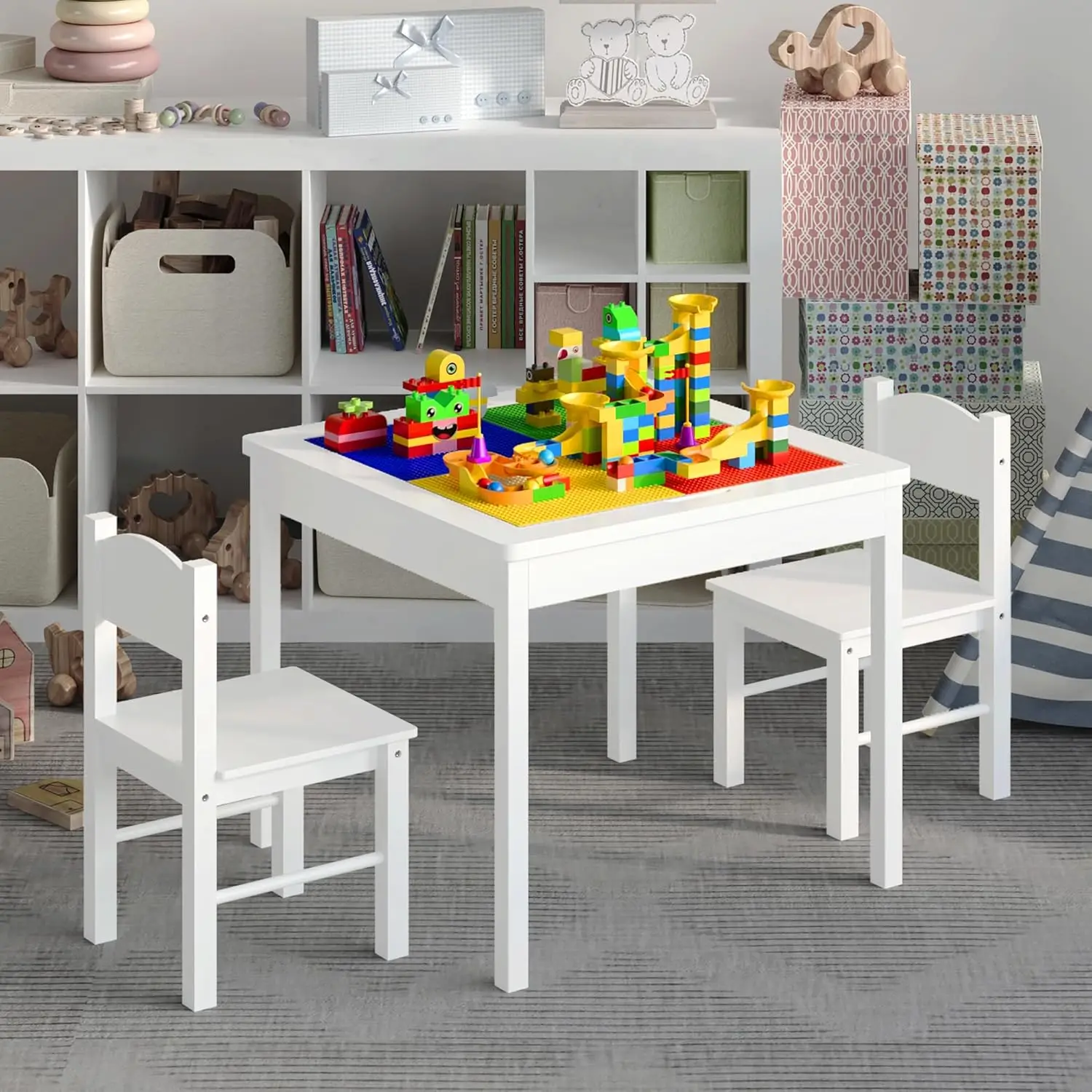 in 1 Kids Table Set for 2, Children Table and Chairs, Toddler Play Activity Table with Hidden Storage Wood Building Block