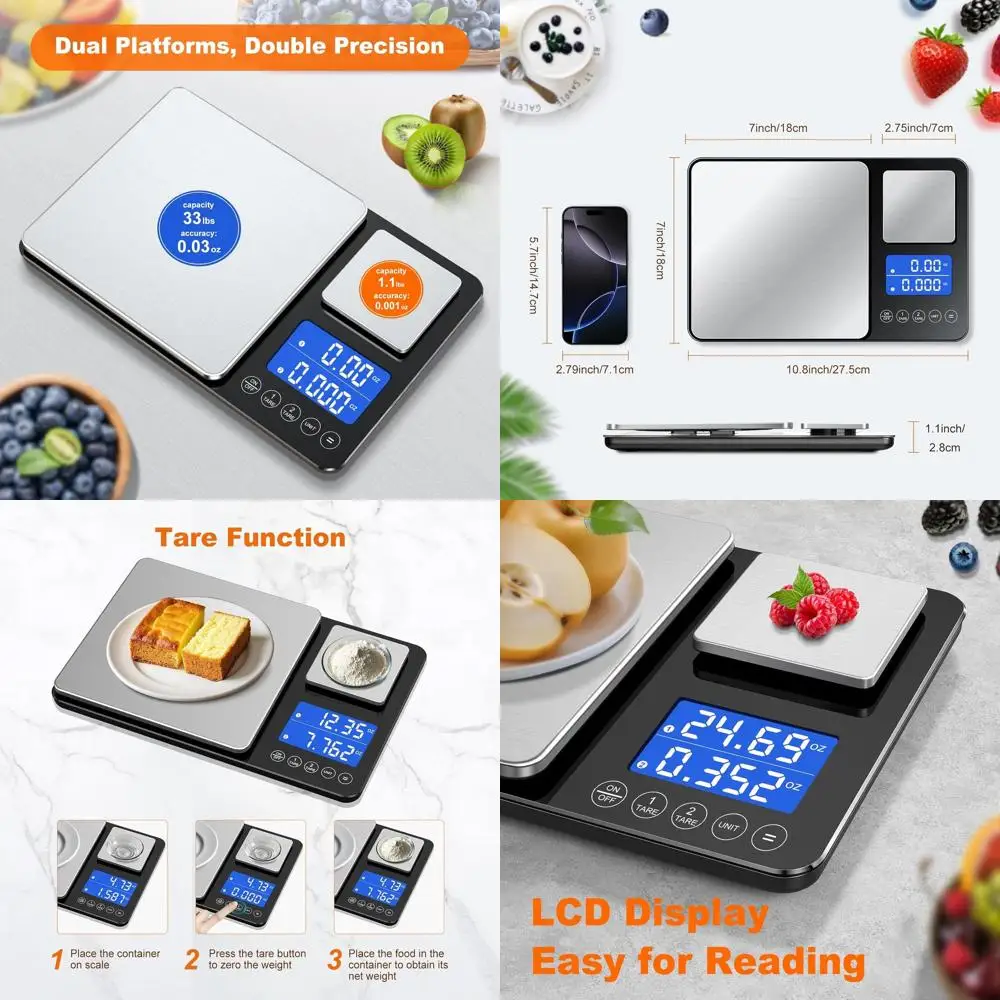 

Цифровые кухонные весы с двумя платформами - 0.001oz/33lbs, идеально подходят для выпечки, приготовления пищи и хлеба на закваске, с 7 единицами измерения, функциями тарирования и вычисления точности.
