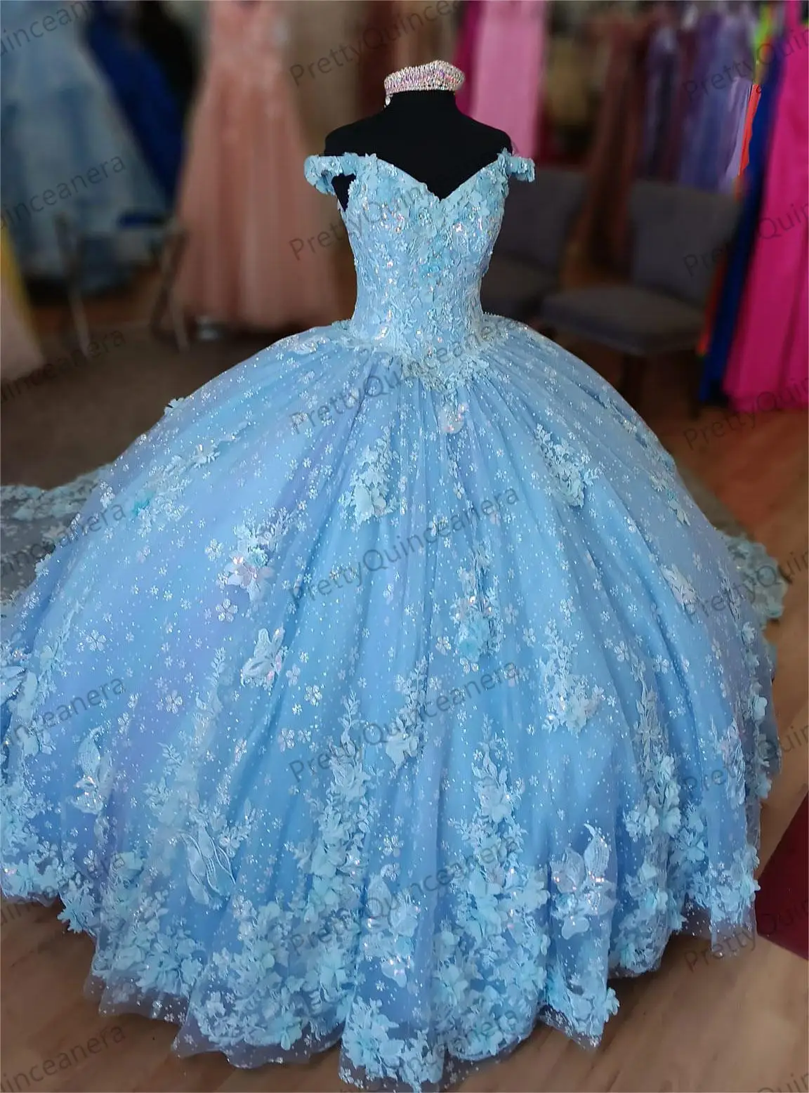 Vestidos de Quinceañera de tul con purpurina azul cielo