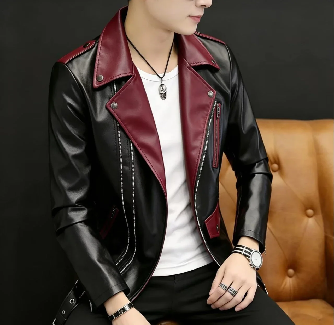 Belt Decor Faux Leather Biker Coat Lapel Collar Asymmetrical Zip Jacket Multi Pocket Outerwear for Autumn Winter DailyStreetwear