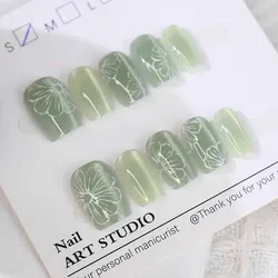 10 Pcs Ladies Handmade Cat Eye Press on Nails Green Ringflower Nail Patch Removable Girl Short Style Square Head Nail Tips