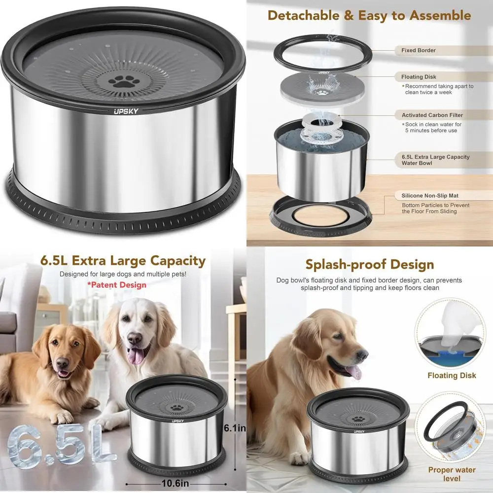

6.5L Super Large Capacity No Spill Dog Water Bowl - 1.6 Gallon Stainless Steel Spill Proof Slow Feeder With Anti-Slip Mat for Me