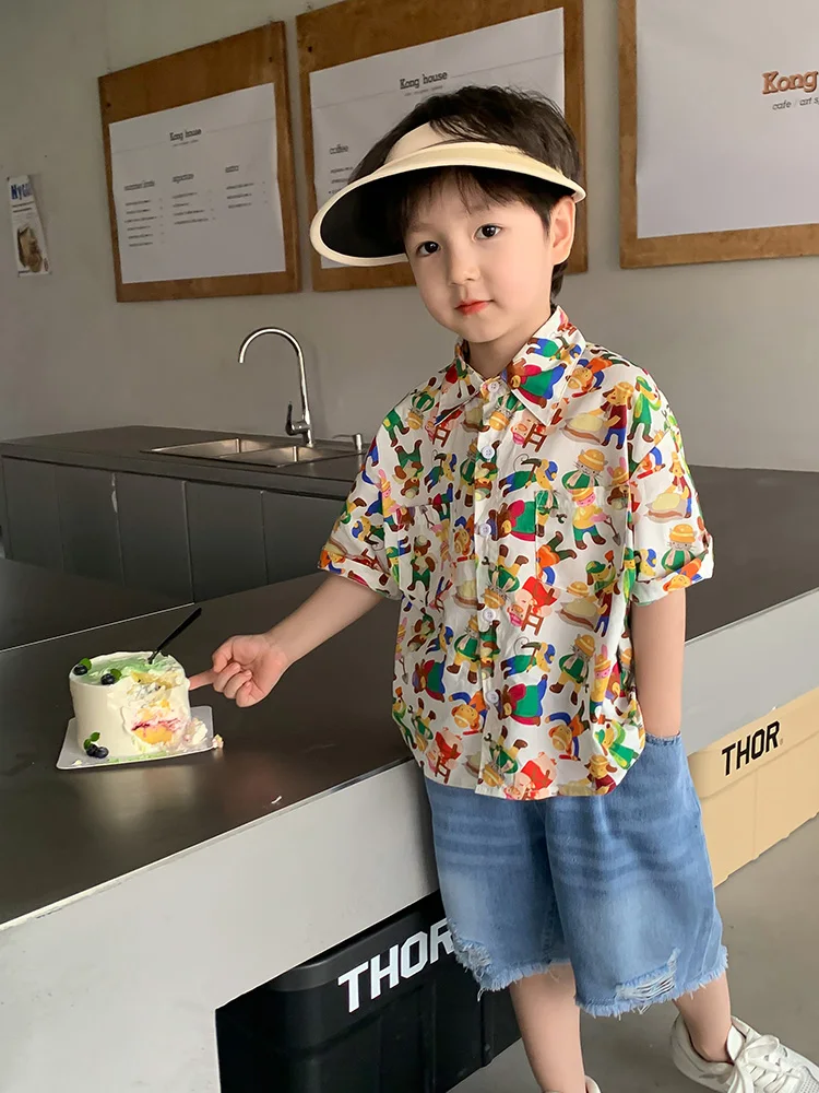 Boys' short-sleeved flower shirt Children's Korean version of shirt little children's tide summer top cartoon 2024 new baby top