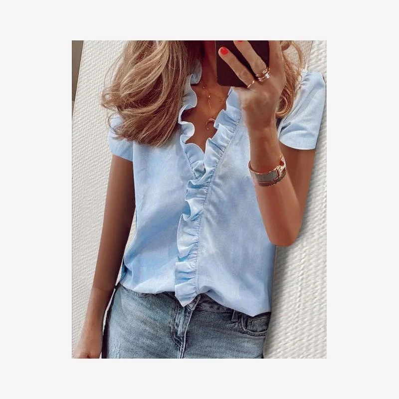 Damska bluzka Pine Print Slim Fit, modna, letnia, w stylu streetwear, casualowa, z kwiatowym koronkowym wykończeniem.