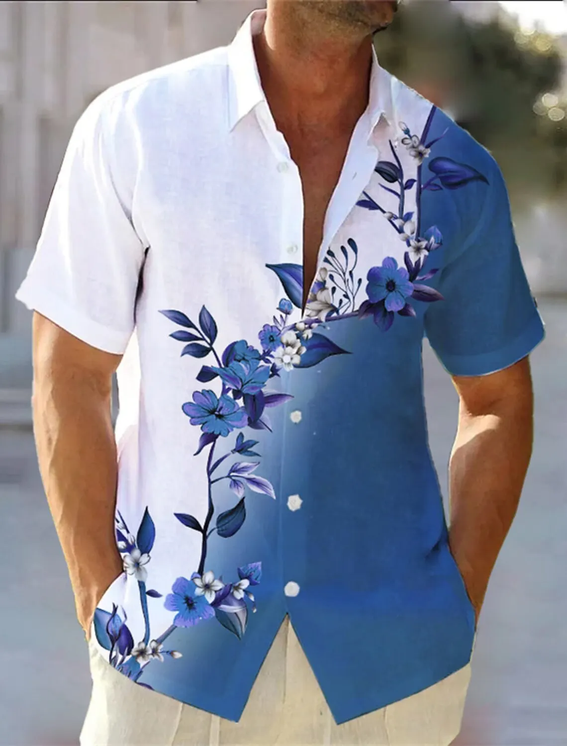 Camisa de manga curta masculina havaiana, estampa floral gradiente, blusa casual de conforto lapela aberta, high-end