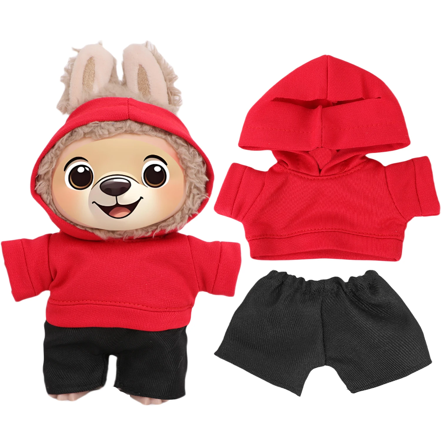 17cm Labubu 인형 옷 정장 빨간색 후드 + 검은 색 반바지 복장 V1 V2 Labubu 소녀 인형 장난감 면화 인형 액세서리