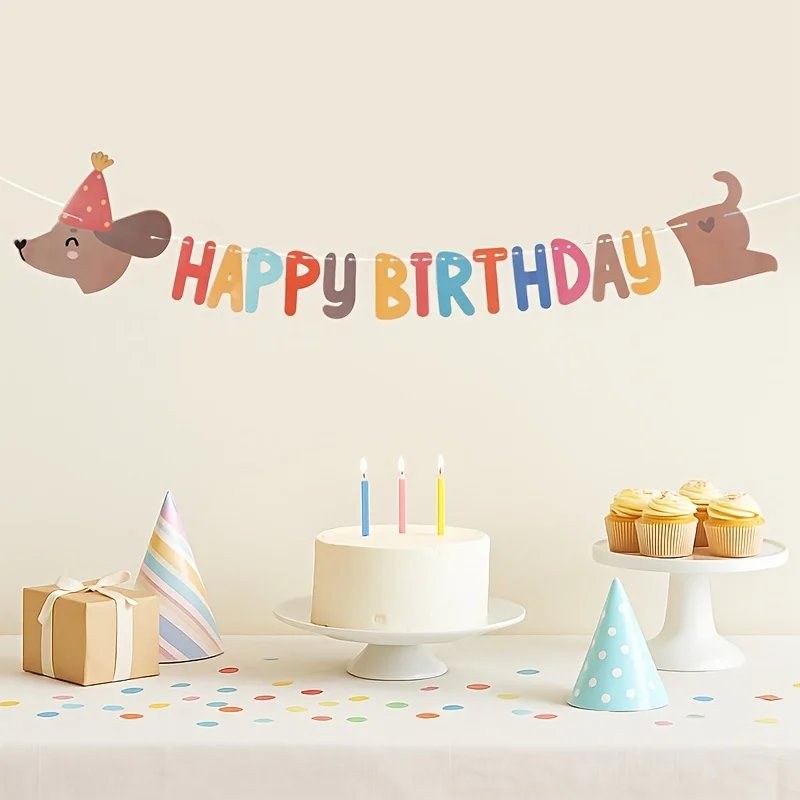 1 Satz Geburtstagsbanner mit niedlichen Dackel-Bannern mit der Aufschrift „Happy Birthday“, geeignet für Partydekoration.