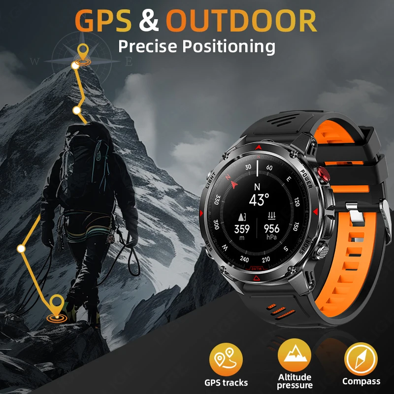 2025 Nuova posizione GPS Astuto Della Vigilanza Degli Uomini 540mah Batteria Torcia Elettrica Orologi Esterni Chiamata Bluetooth Impermeabile Sport Smartwatch Uomo