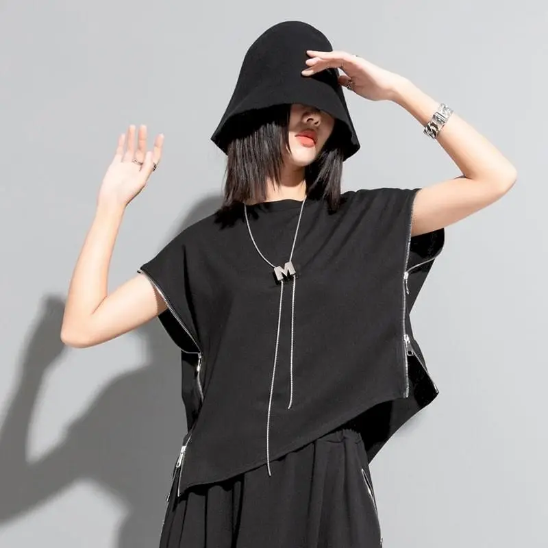 Fashion T-shirts for Women Personalized Double-sided Zipper Design Tshirt Summer Trendy Irregular Black Thin Tee Sleeved Tops