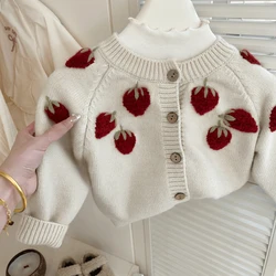 Girls' Sweater 2024 Autumn New Handmade Embroidered Sweater Baby Girl Round Neck 3D Strawberry Sweater Cardigan Trendy Coat