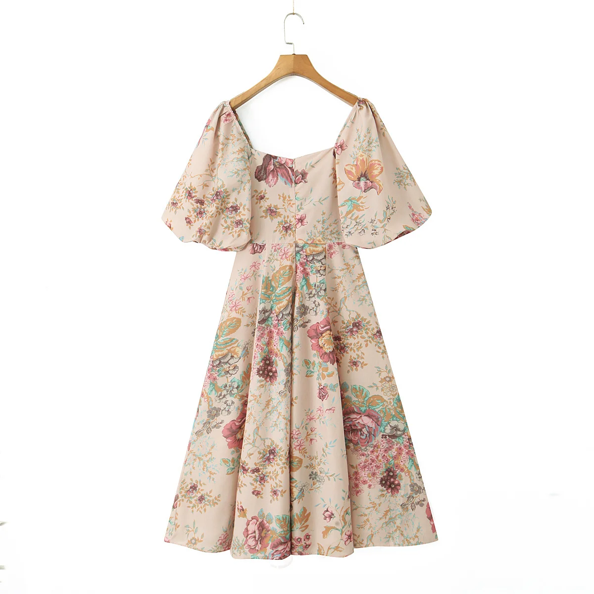 Withered Fashion Elegant Party Summer French Retro Dress Women Rural Style Square Neck Flower Print Large Hem Dress