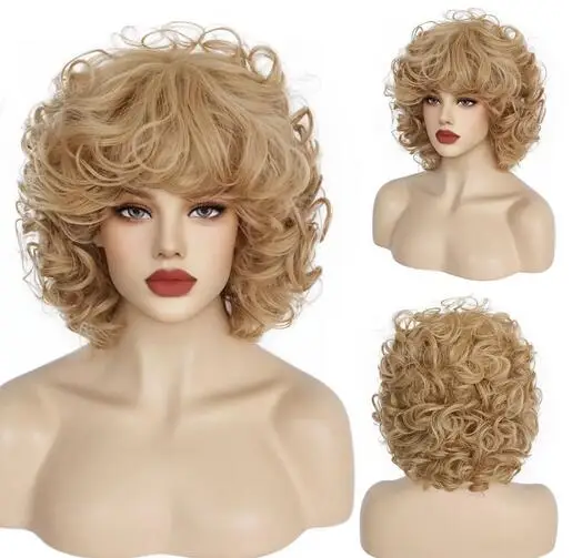 Short Blonde Brown Curly Wavy Synthetic Sandy Grease Cosplay Women\'s Wig for Halloween Christmas School Thanksgiving Day