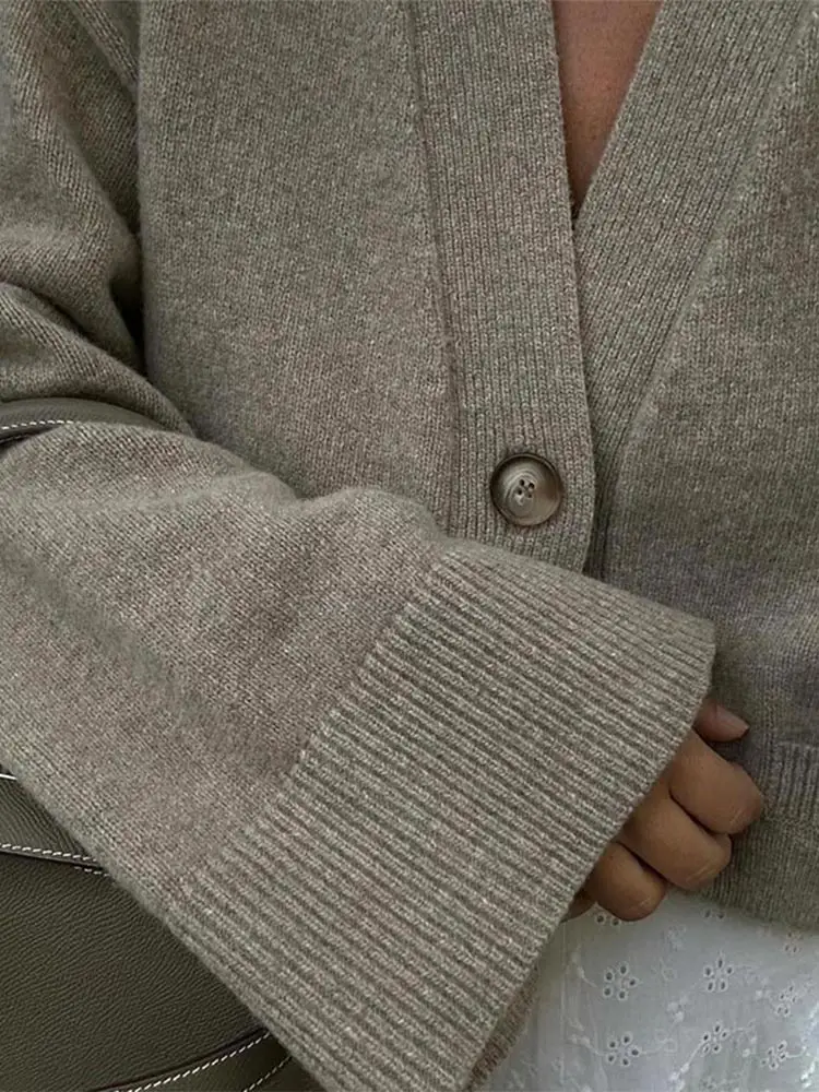 Elegant Solid V Neck Knitted Cardigan Women Casual Long Sleeves Single-breasted Loose Sweater 2024 Autumn Lady Street Knitwear