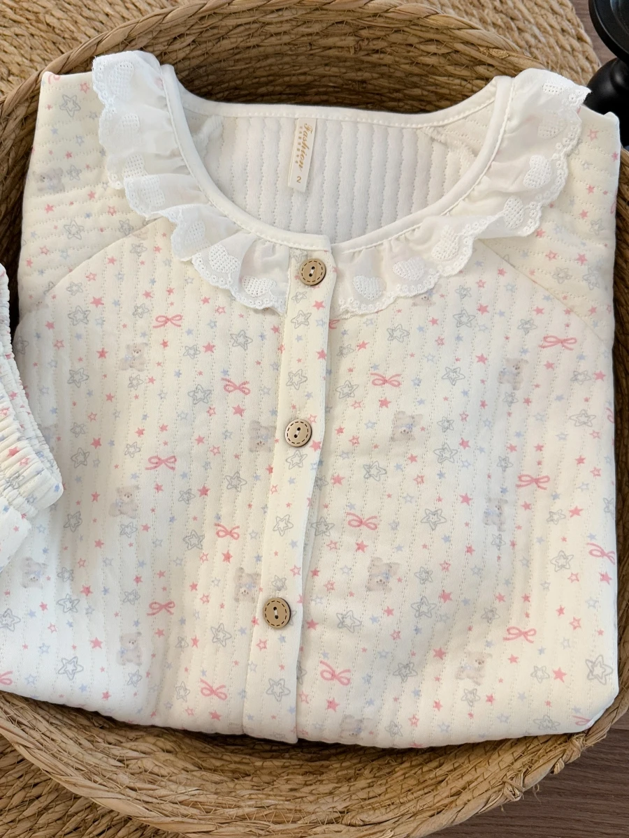 Korean Sweet Star Lace Air Cotton Sleepwear Women's Thickened Warm Cute Student Home Clothes Set Long Sleeve round Neck Cardigan
