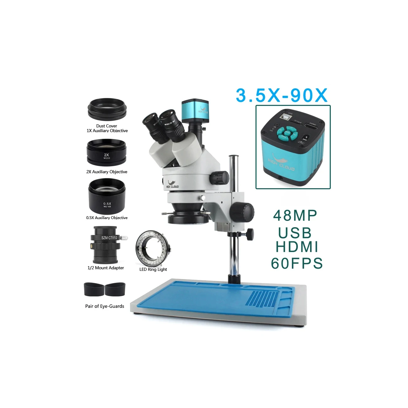 

3,5X-90X цифровая камера для микроскопа 48MP USB VGA 60FPS тринокулярный стереомикроскоп окуляр пайка IC PCB видеомикроскоп