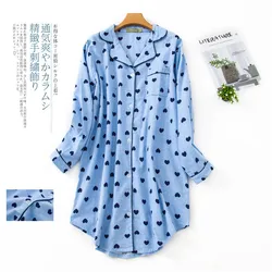 Spring Autumn Women Casual Sleep Dress Ladies 100% Cotton Nightgown Female Long Sleeve Cardigan Sleepshirts Plus size Nightdress