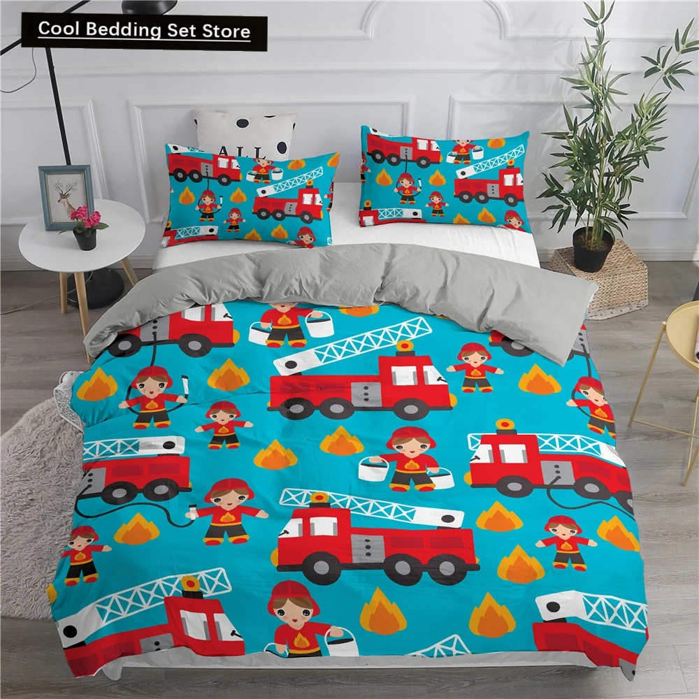 

Cartoon Fire Truck King Queen Bedding Set for Boys Kids Concrete Truck Duvet Cover Tractor Crane Excavator Polyester Quilt Cover