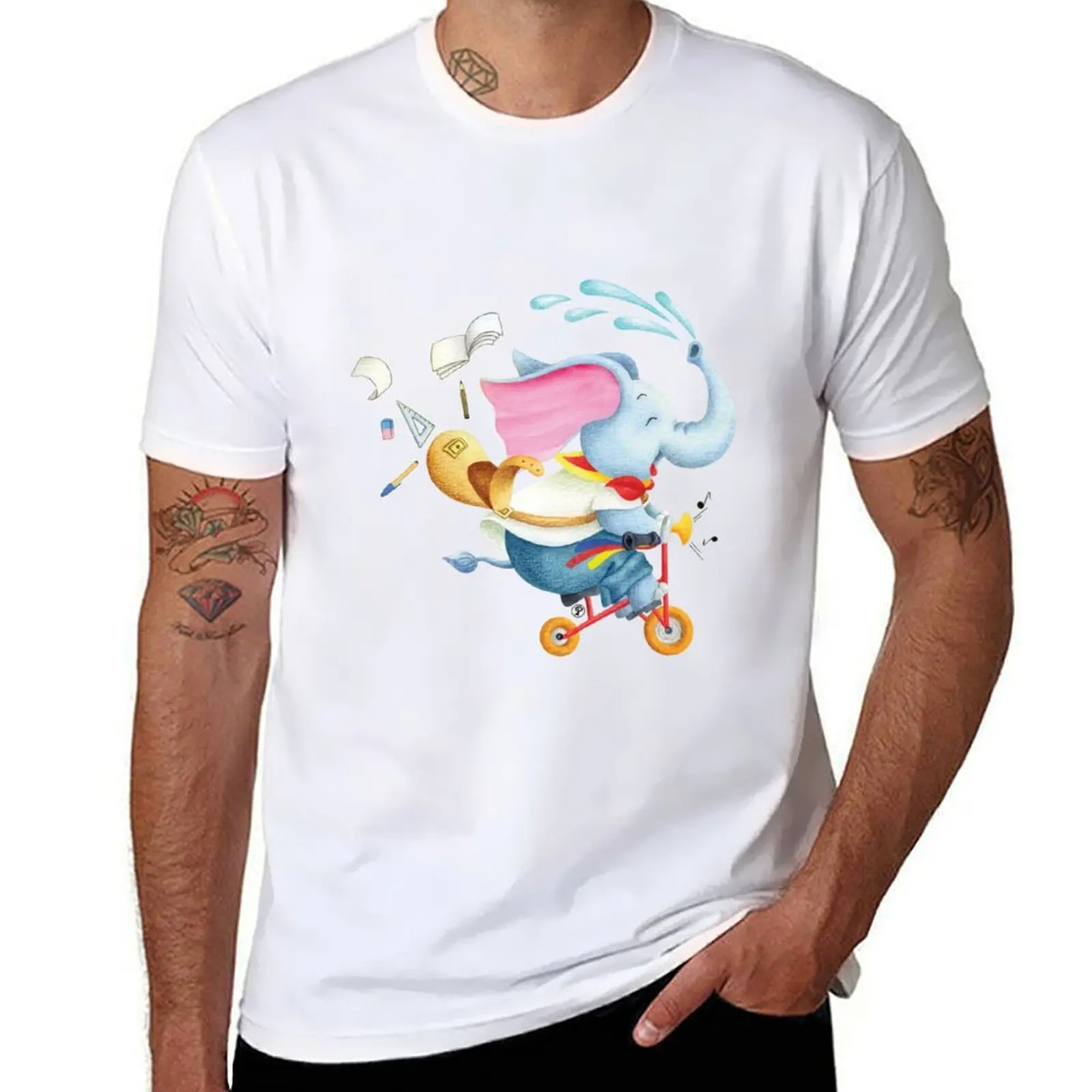 Elephant on a bicycle. Long live the holidays! T-Shirt Basic Solid Tee for Daily Use